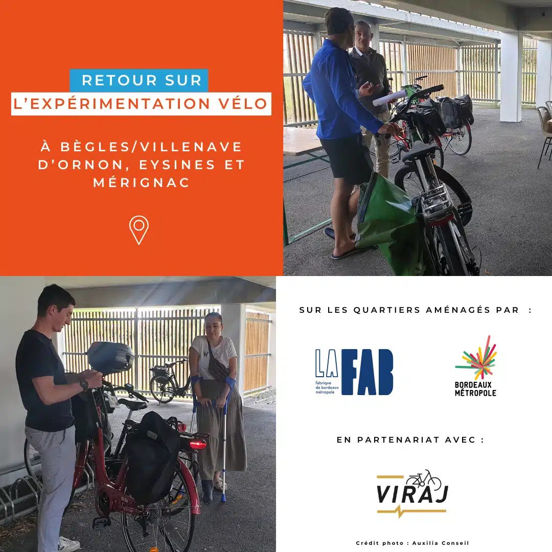 Retour sur l'expérimentation Vélo. Logos LaFab, Bordeaux Métropole, Viraj