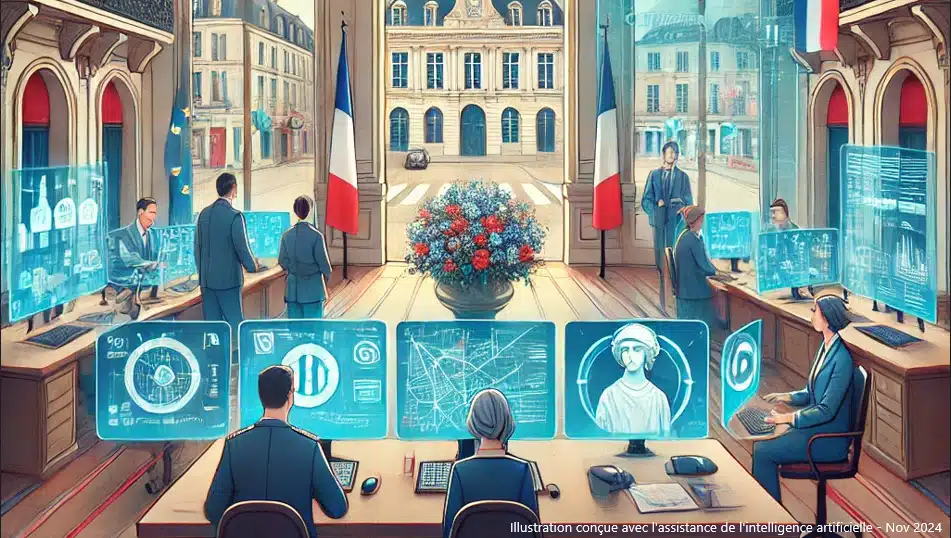 Image conçue avec l'assistance de l'IA. Scène intérieure de consultants devant des écrans d'ordinateur. En arrière-plan un bâtiment public de type mairie
